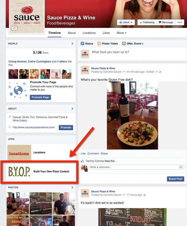 Locate the Build Your Own Pizza link under the apps section of our Facebook page