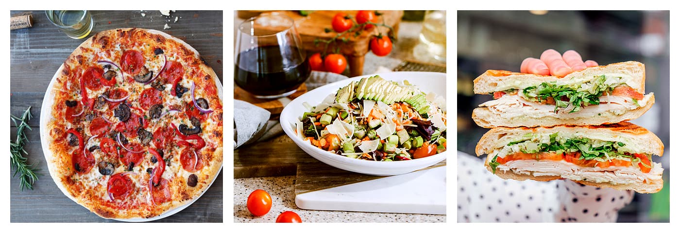 Images of pizza, salad and a sandwich.