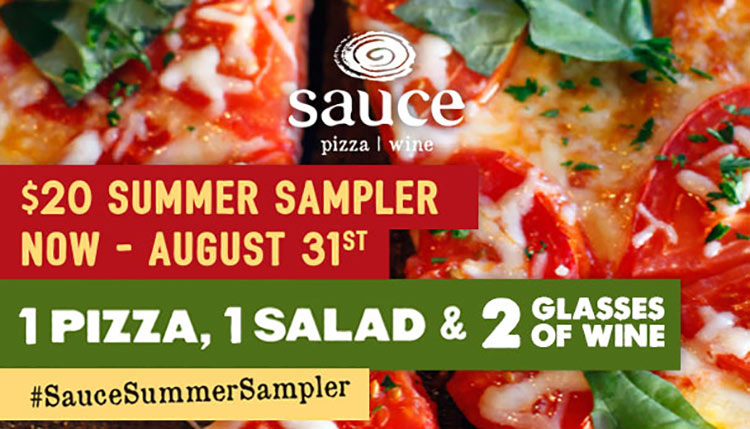 $20 summer sampler now - August 31st 1 pizza, 1 salad & 2 glasses of wine