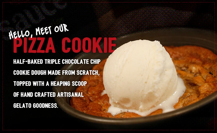 Hello, meet our Pizza Cookie - image of a fresh baked pizza cookie topped with ice cream