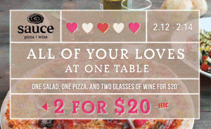 All of your loves at one table - one salad, one pizza, and two glasses of wine for $20 - 2 for $20