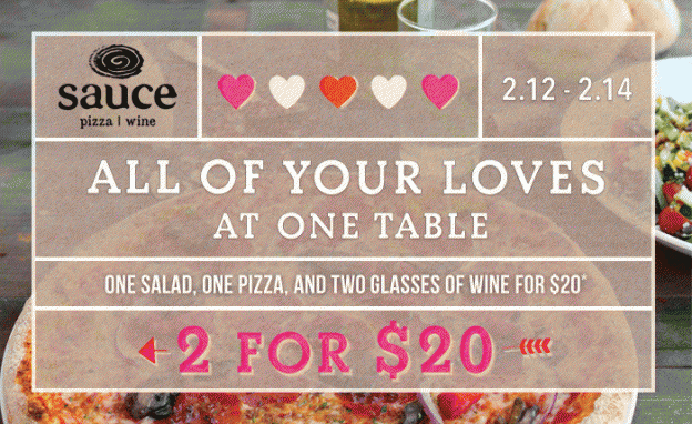 All of your loves at one table - one salad, one pizza, and two glasses of wine for $20 - 2 for $20