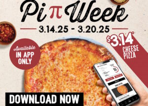 A delicious pizza on the table next to a phone with the Sauce app showing on the screen, promoting an offer for pizzas for only $3.14 each.
