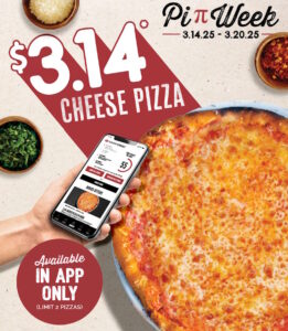 A delicious pizza on the table next to a phone with the Sauce app showing on the screen, promoting an offer for pizzas for only $3.14 each.