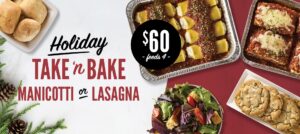 Pans of manicotti and lasagna, as well as rolls, salads and cookies, available for holiday home take and bake from Sauce Pizza and Wine.