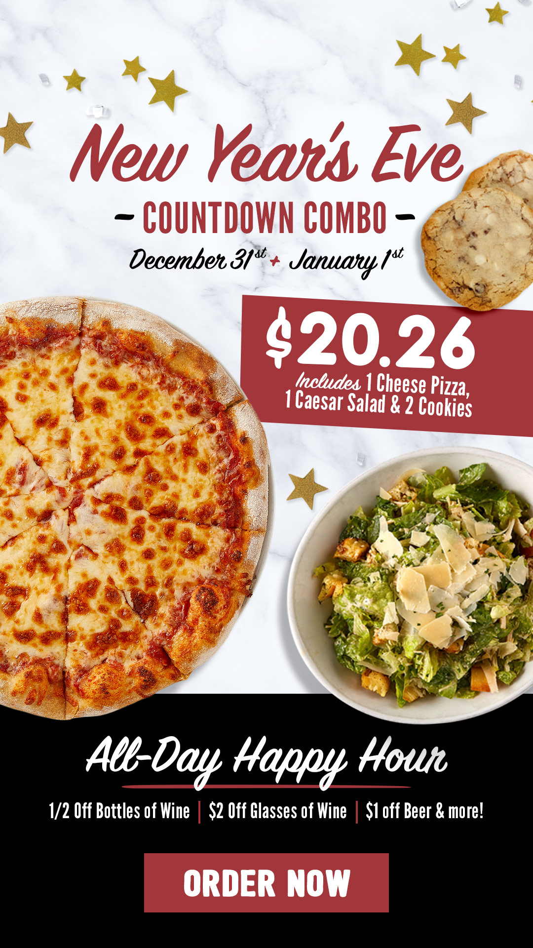 Sauce Pizza and Wine New Year's Eve Combo shows a pizza, a salad and two cookies