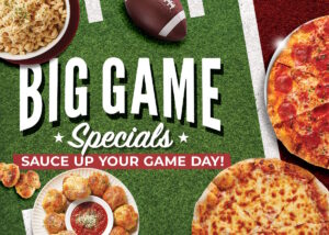 Pizzas, meatball sliders, pasta, garlic knots and more on a football field offering Sauce Pizza and Wine catering available for the big game