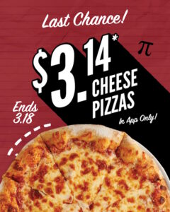 An image of a $3.14 cheese pizza and a hand holding a mobile phone with the Sauce Pizza and Wine App open and ready to order.