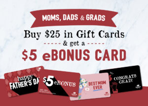 A selection of gift cards for Sauce Pizza and Wine, displaying options for Mother's Day, Father's Day and Graduation, offering free $5 bonus cards with purchase.