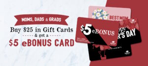 A selection of gift cards for Sauce Pizza and Wine, displaying options for Mother's Day, Father's Day and Graduation, offering free $5 bonus cards with purchase.