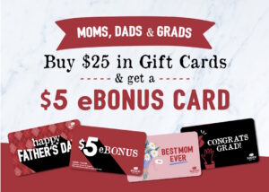 A selection of gift cards for Sauce Pizza and Wine, displaying options for Mother's Day, Father's Day and Graduation, offering free $5 bonus cards with purchase.