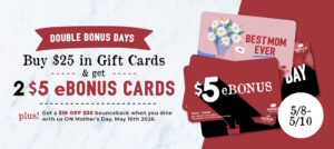 A collection of Sauce Pizza and Wine gift cards highlighting Mother's Day and an offer for bonus gift cards and dine-in savings.