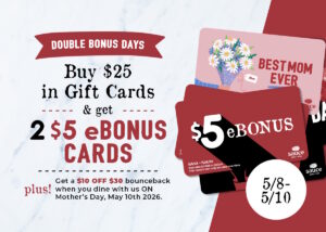 A collection of Sauce Pizza and Wine gift cards highlighting Mother's Day and an offer for bonus gift cards and dine-in savings.