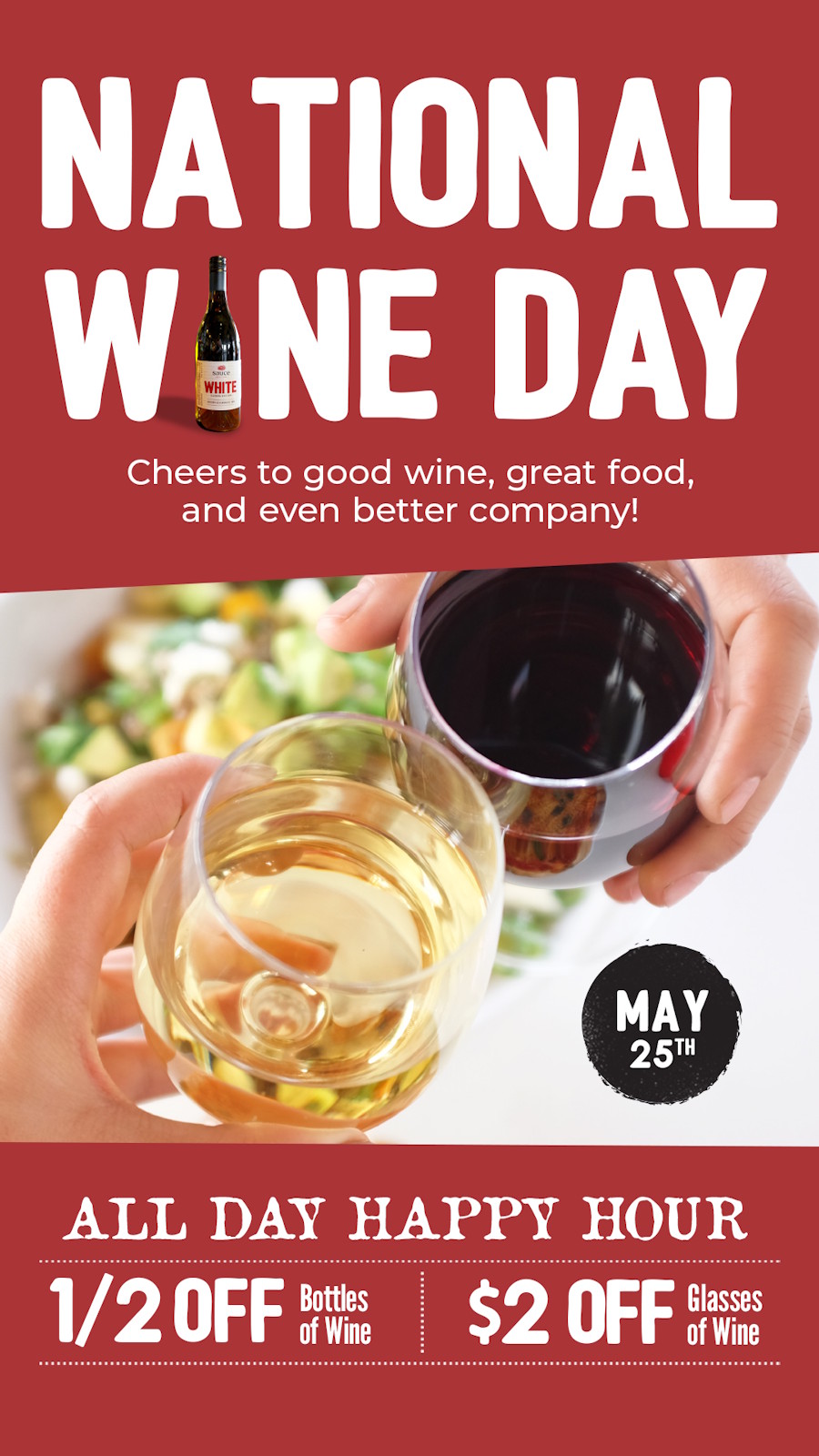 Raising a toast with a glass of red wine and a glass of white wine to celebrate National Winde Day on May 25th.