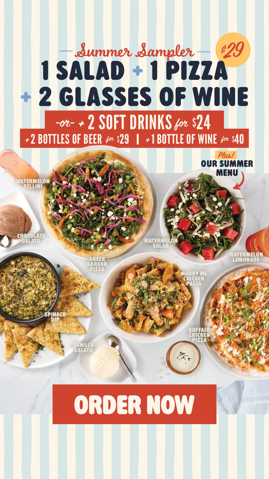 A variety of delicious pizzas, salads and appetizers to promote the $29 summer special for Sauce Pizza and Wine