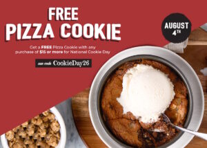 A warm, gooey pizza cookie topped with vanilla ice cream to promote the Free Pizza Cookie on August 4th for Sauce Pizza and Wine's cookie day promotion.