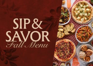 Samples of Sauce Pizza and Wine's fall menu including Garlic Cheesy Bread, Roasted Vegetable Salad, Sausage & Fennel Pizza, Carmel Apple Pinwheels and more!