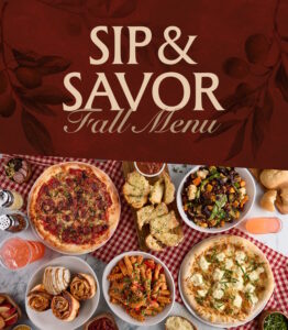 Samples of Sauce Pizza and Wine's fall menu including Garlic Cheesy Bread, Roasted Vegetable Salad, Sausage & Fennel Pizza, Carmel Apple Pinwheels and more!