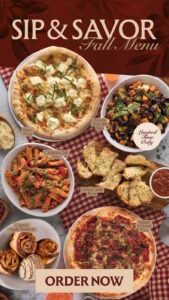 Samples of Sauce Pizza and Wine's fall menu including Garlic Cheesy Bread, Roasted Vegetable Salad, Sausage & Fennel Pizza, Carmel Apple Pinwheels and more!