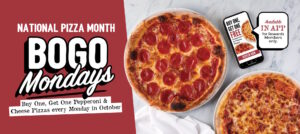A pepperoni pizza and a cheese pizza are shown next to the Sauce Pizza and Wine App to promote the Buy One Get One free promotion for National Pizza Month.