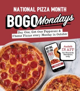 A pepperoni pizza and a cheese pizza are shown next to the Sauce Pizza and Wine App to promote the Buy One Get One free promotion for National Pizza Month.