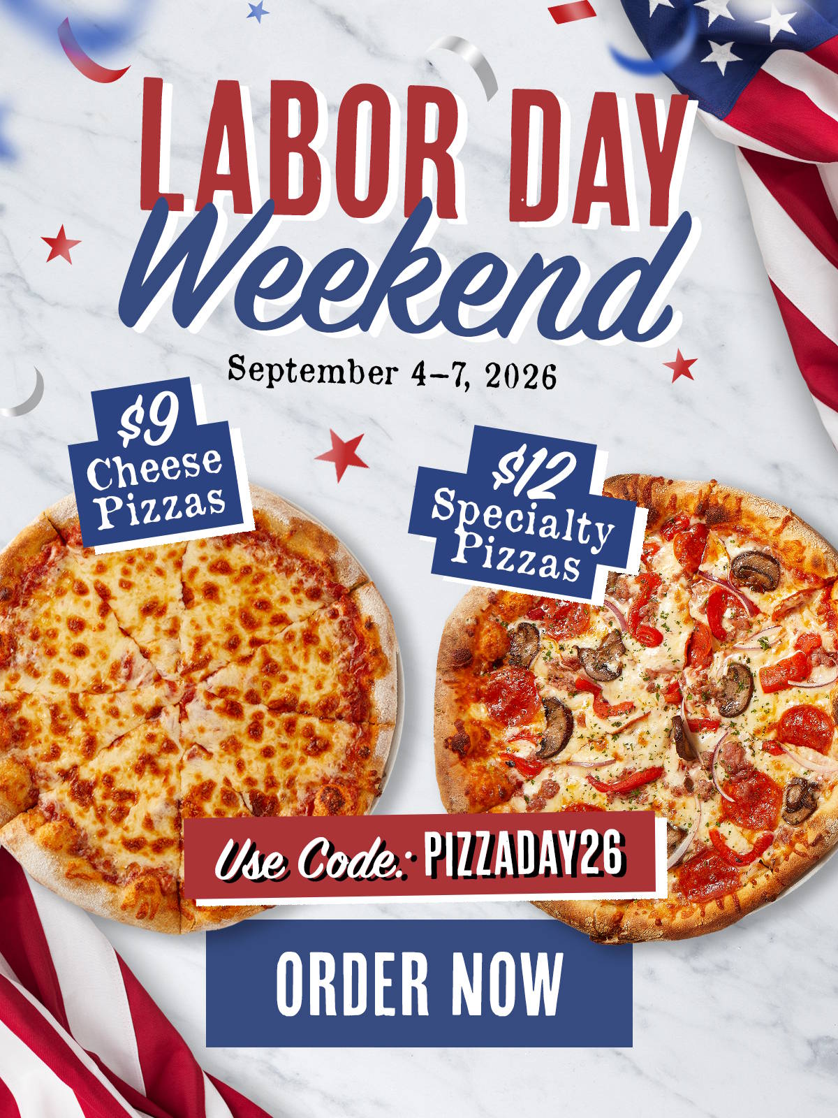 A $9 cheese pizza and a $12 specialty pizza are shown as part of Sauce Pizza and Wine's Labor Day Weekend promotion.