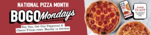 A pepperoni pizza and a cheese pizza are shown next to the Sauce Pizza and Wine App to promote the Buy One Get One free promotion for National Pizza Month.