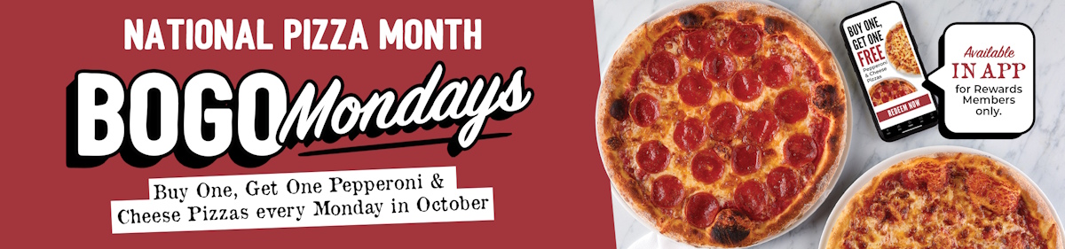 A pepperoni pizza and a cheese pizza are shown next to the Sauce Pizza and Wine App to promote the Buy One Get One free promotion for National Pizza Month.
