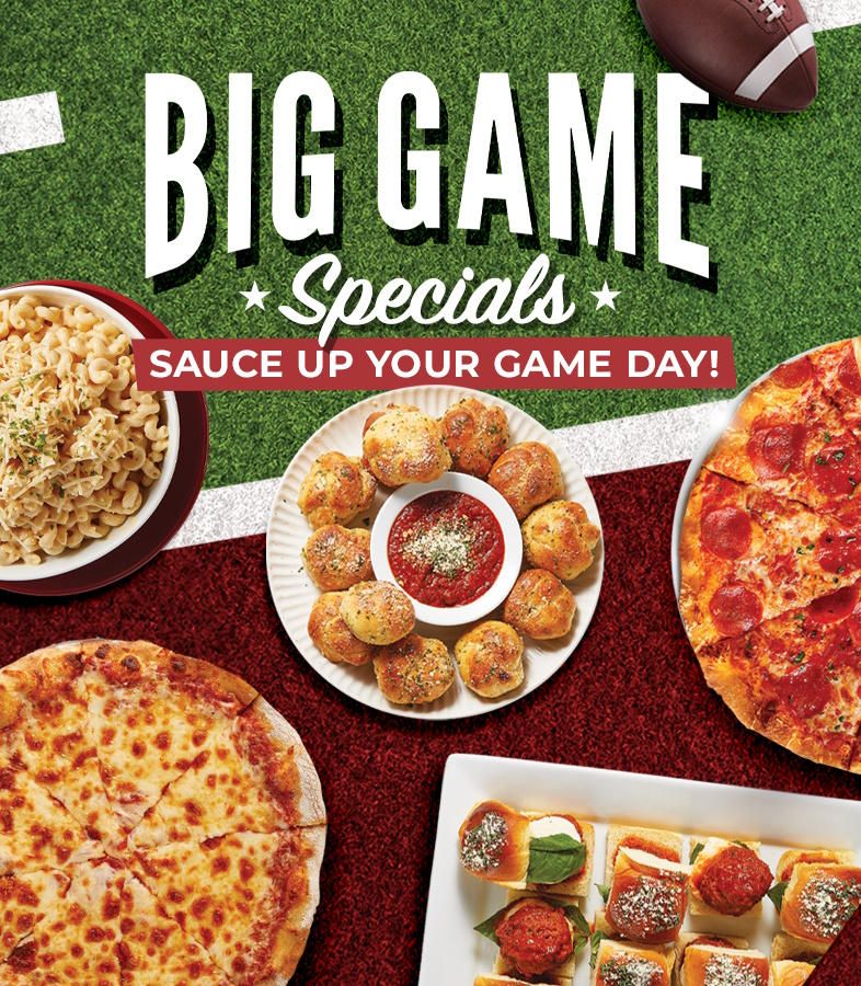 Pizzas, meatball sliders, pasta, garlic knots and more on a football field offering Sauce Pizza and Wine catering available for the big game.